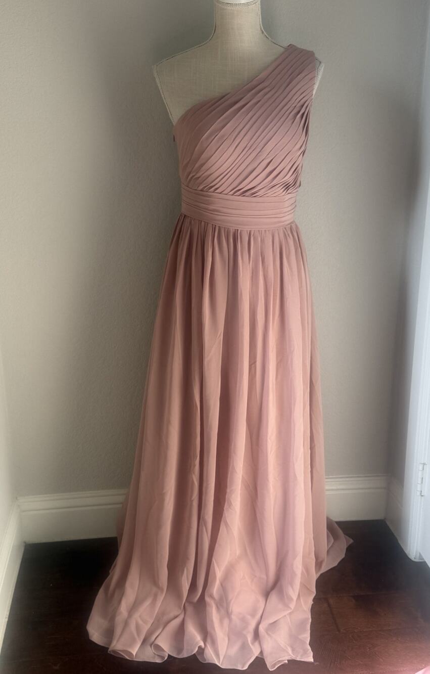 Dusty Pink Womens Maxi Dress One Shoulder Pleated Chiffon Lined Formal - S